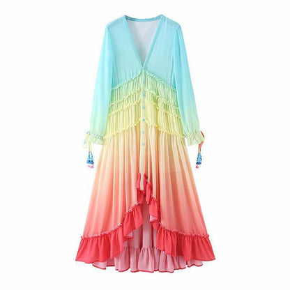 JuliaFashion - 2024 Summer Rainbow High Low Maxi Dress