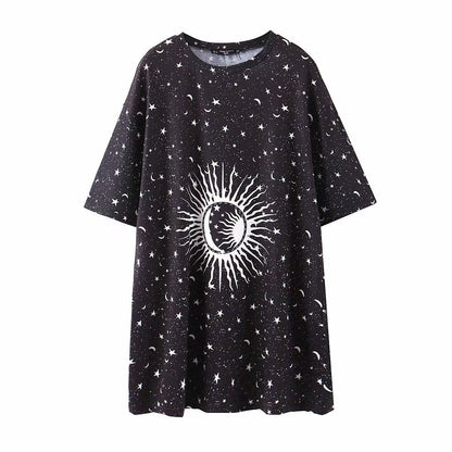 JuliaFashion - 2024 Sun Moon Hippie Stars Long Tee Dress