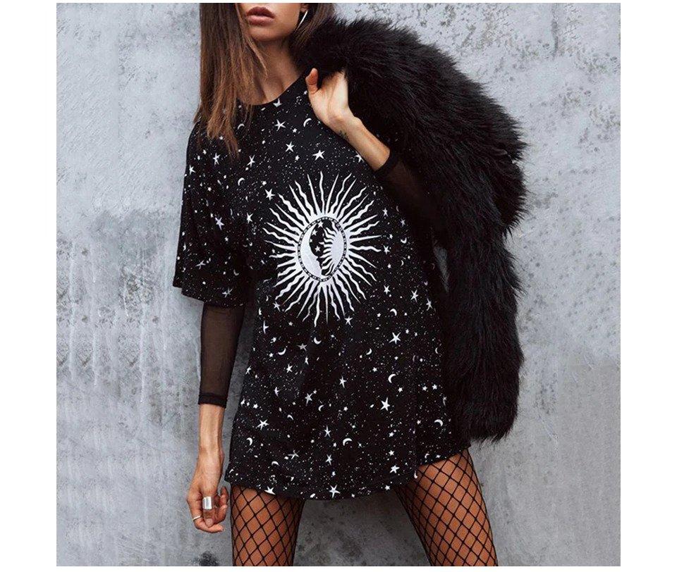 JuliaFashion - 2024 Sun Moon Hippie Stars Long Tee Dress