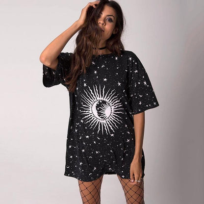 JuliaFashion - 2024 Sun Moon Hippie Stars Long Tee Dress