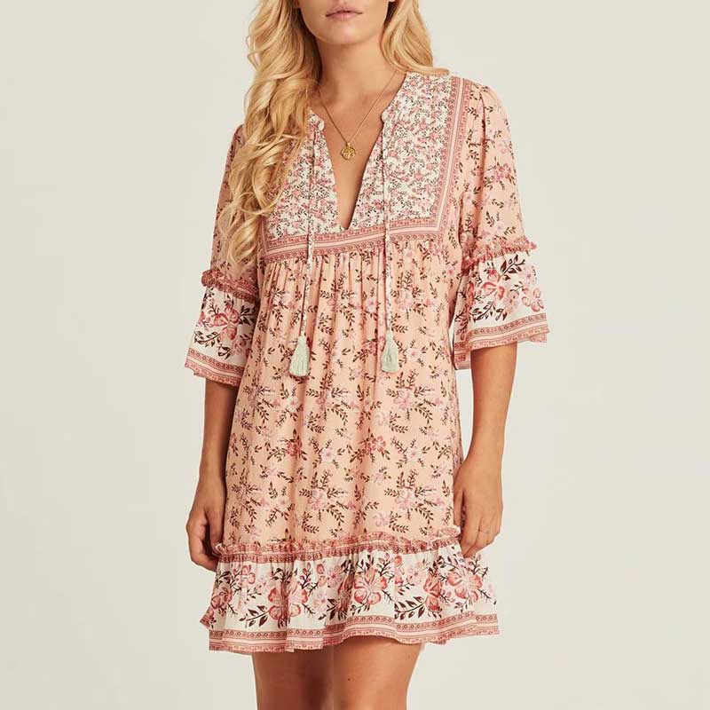 JuliaFashion - 2024 Tropical Florals Summer Mini Dress