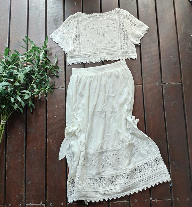 JuliaFashion - 2024 White Floral Embroidery Split Side 2pcs Summer Dress