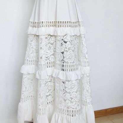 JuliaFashion - 2024 White Lace Petal Sleeve Vintage Maxi Dress