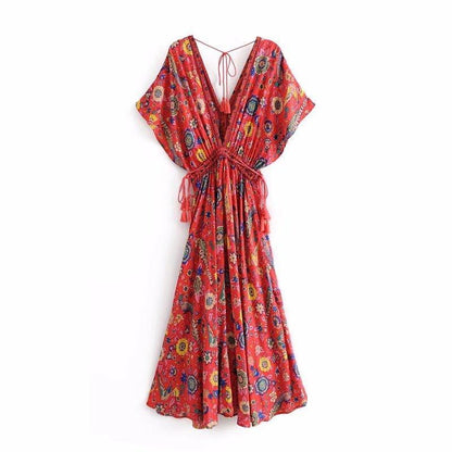 JuliaFashion - 2024 Wild Peacock & Flowers V-Neck Maxi Dress