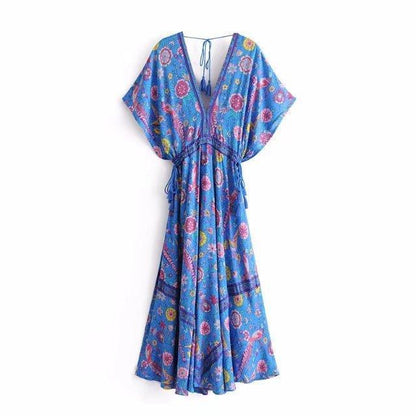 JuliaFashion - 2024 Wild Peacock & Flowers V-Neck Maxi Dress