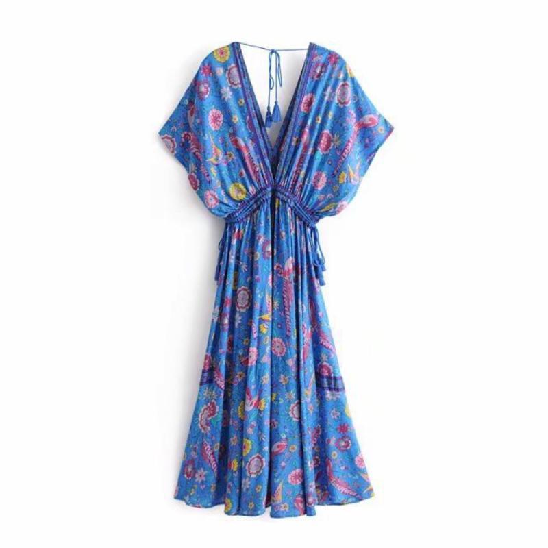 JuliaFashion - 2024 Wild Peacock & Flowers V-Neck Maxi Dress