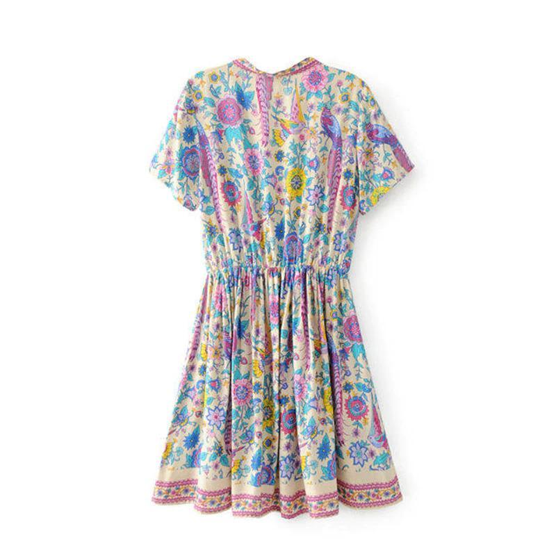 JuliaFashion - 2024 Wild Peacock & Flowers V-Neck Mini Dress