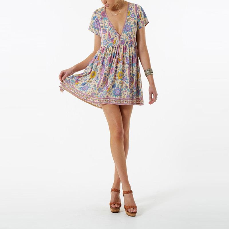 JuliaFashion - 2024 Wild Peacock & Flowers V-Neck Mini Dress