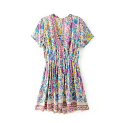 JuliaFashion - 2024 Wild Peacock & Flowers V-Neck Mini Dress